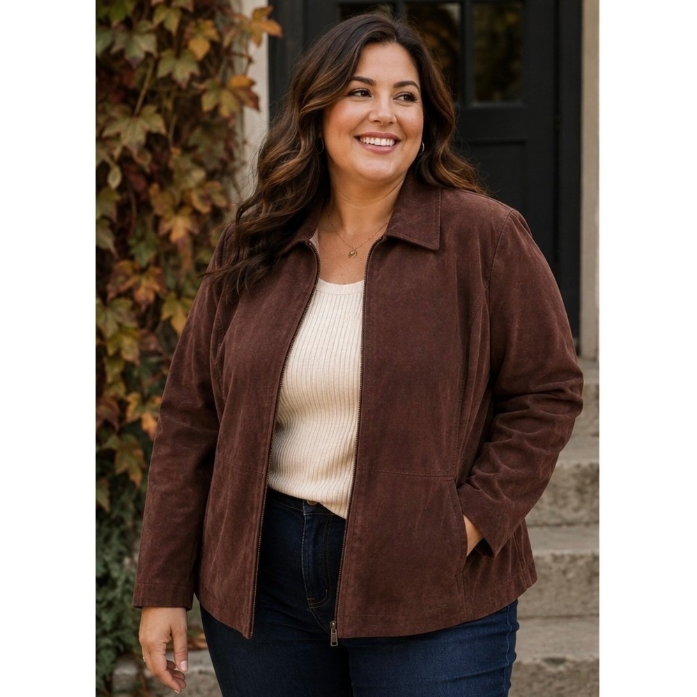NWT Minimalist Suede Leather Cocoa Brown Zip Jacket Fall Luxe Quiet Luxury Sz 2X